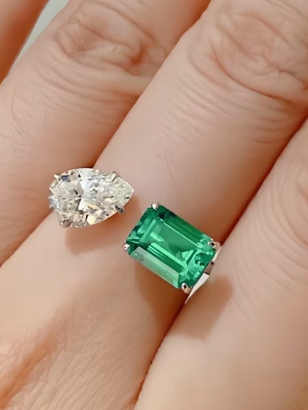 14K Gold Emerald Princess Cut Open Ring Pear Lab Diamond